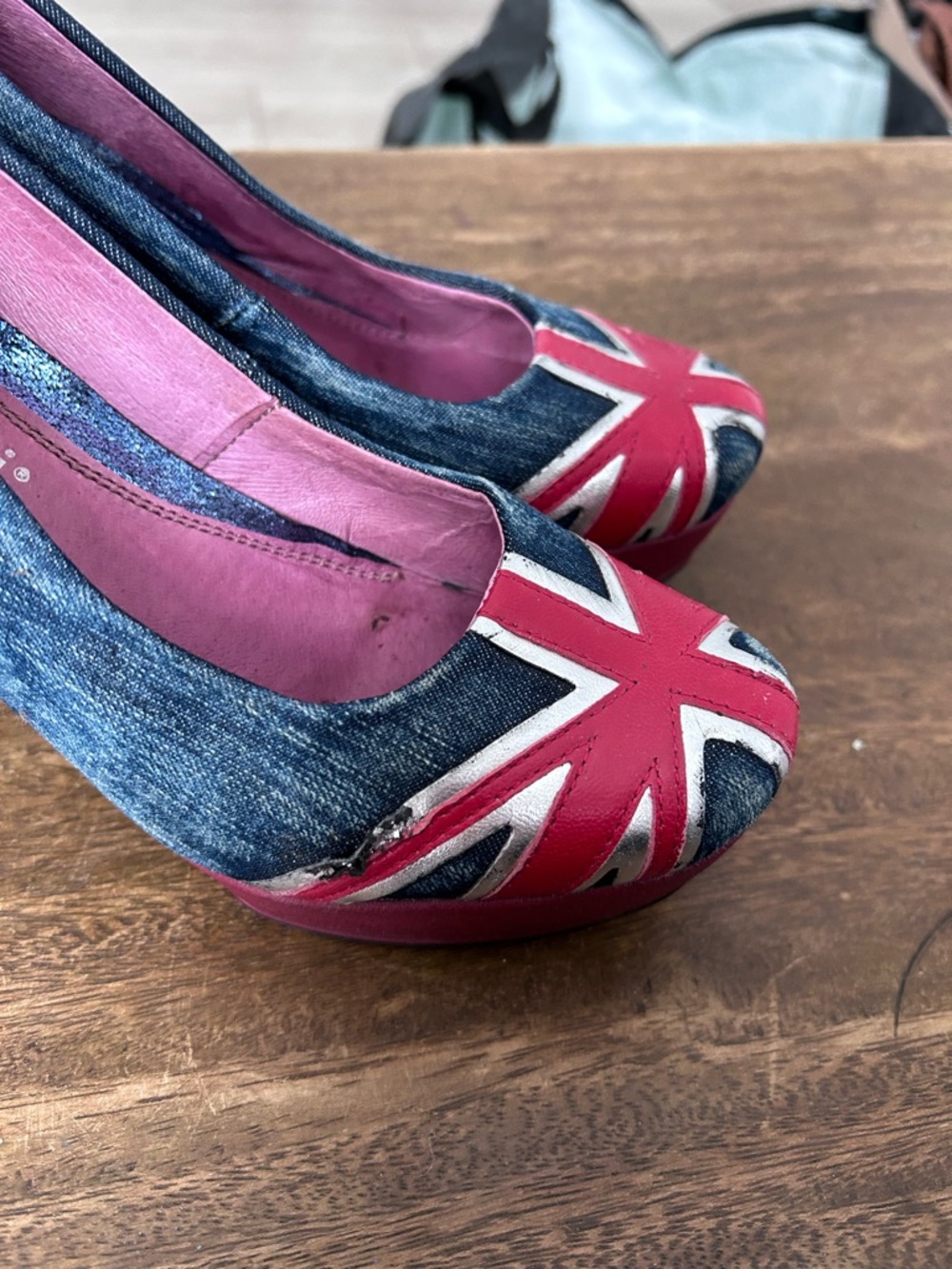 Atrai Blue Denim Heels Red White Union Jack Y2K British Flag Pumps Retro Shoes - Picture 8 of 9